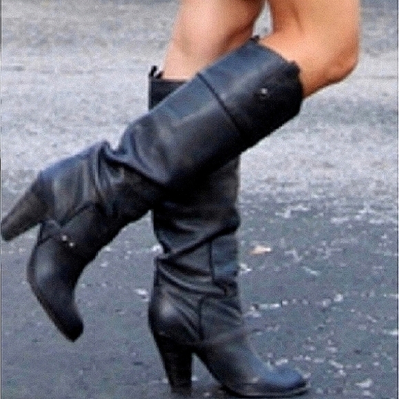 Sam Edelman Naharra Knee High Graphite Leather Heeled Boots Size 8.5 - Picture 3 of 16